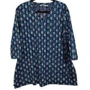 Ayurvastram Kriti Print Indigo Teal 100% Cotton Tunic Top Size 2X 3/4 Sleeve